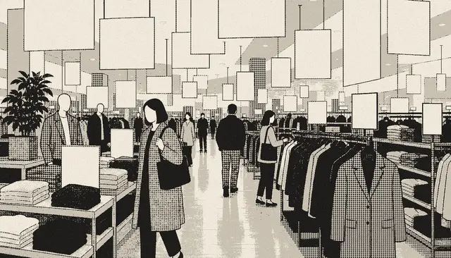 A store aisle hung with dozens of blank sale signs
