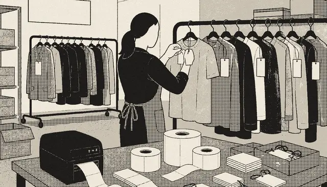 Illustration of a store worker re-ticketing clothes at a table of blank tags