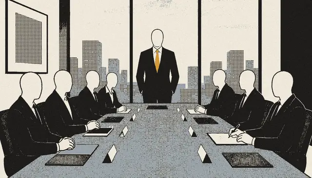 A boardroom table with faceless directors and one standing figure